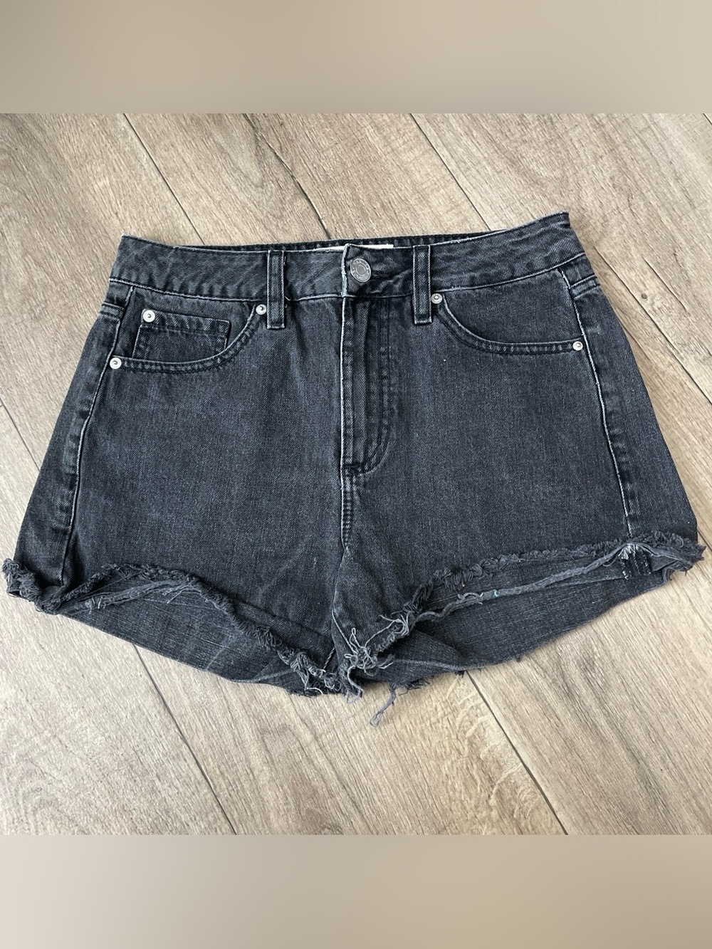 Garage Black Denim Frayed Hem High-Rise Shorts